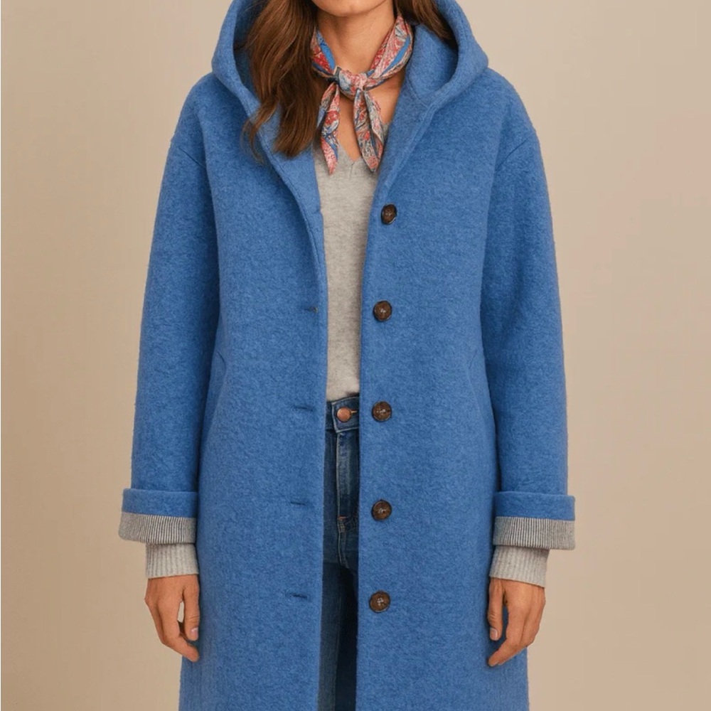 Blue Hooded Wool-Blend Button Coat